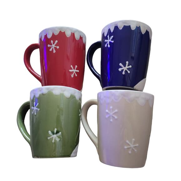 Christmas, Winter, Holiday Mugs Cups Set of 4 One Red One Blue One Tan One Green - Picture 6 of 12